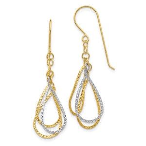14K Two-tone Diamond Cut Tear Drop Shepherd Hook Earrings